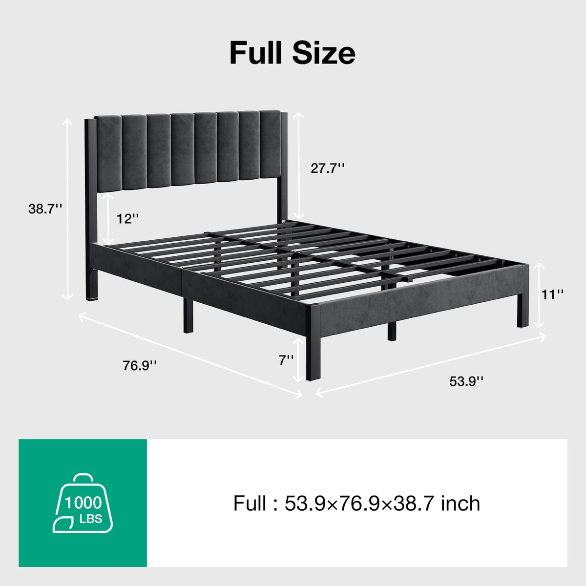 Full Size Metal Platform Bed Frame with Velvet Black Headboard and Footboard M3498