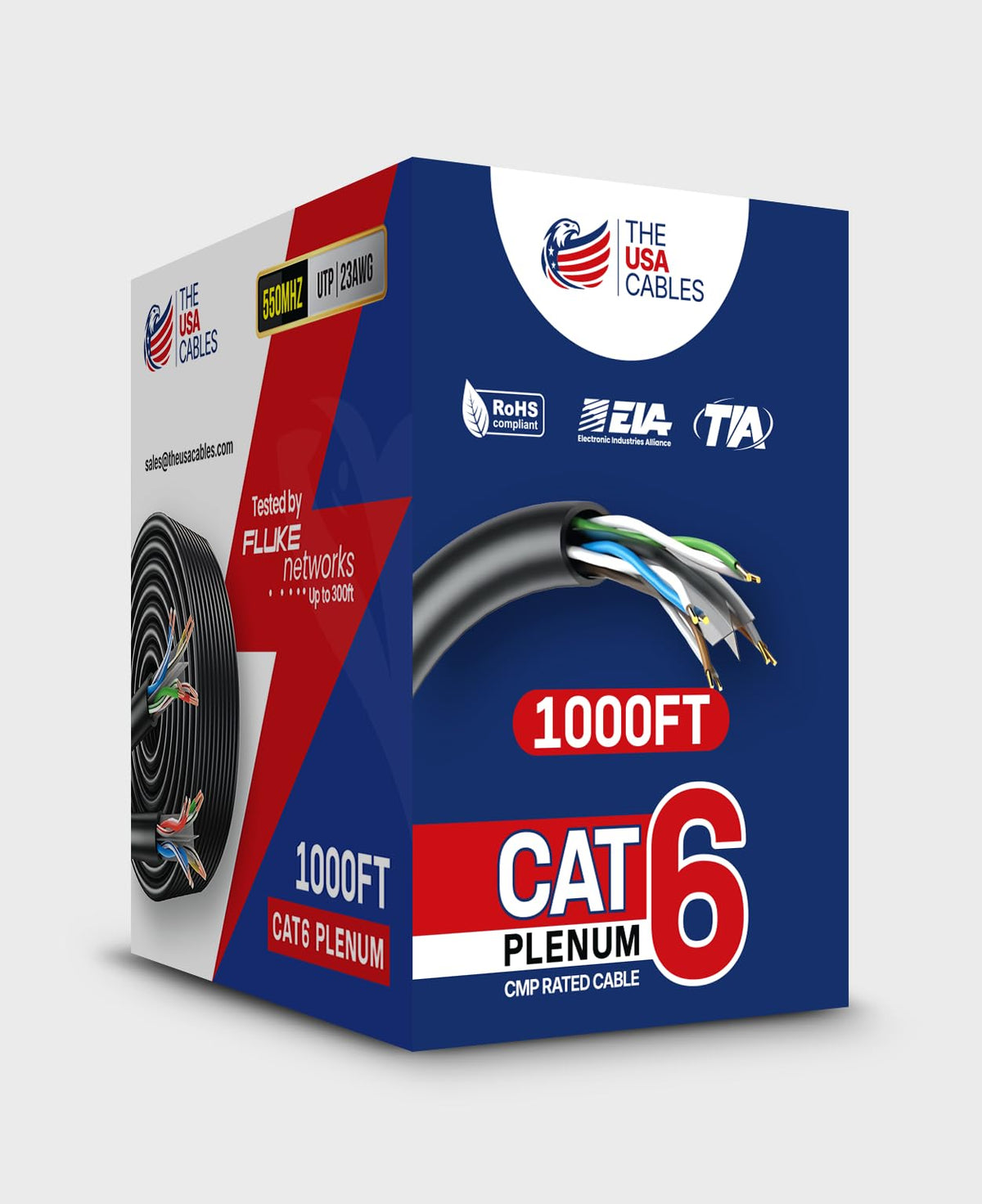 Cat6 Plenum Ethernet Cable 1000FT CMP Rated 23AWG Solid Conductor UTP Blue R7552