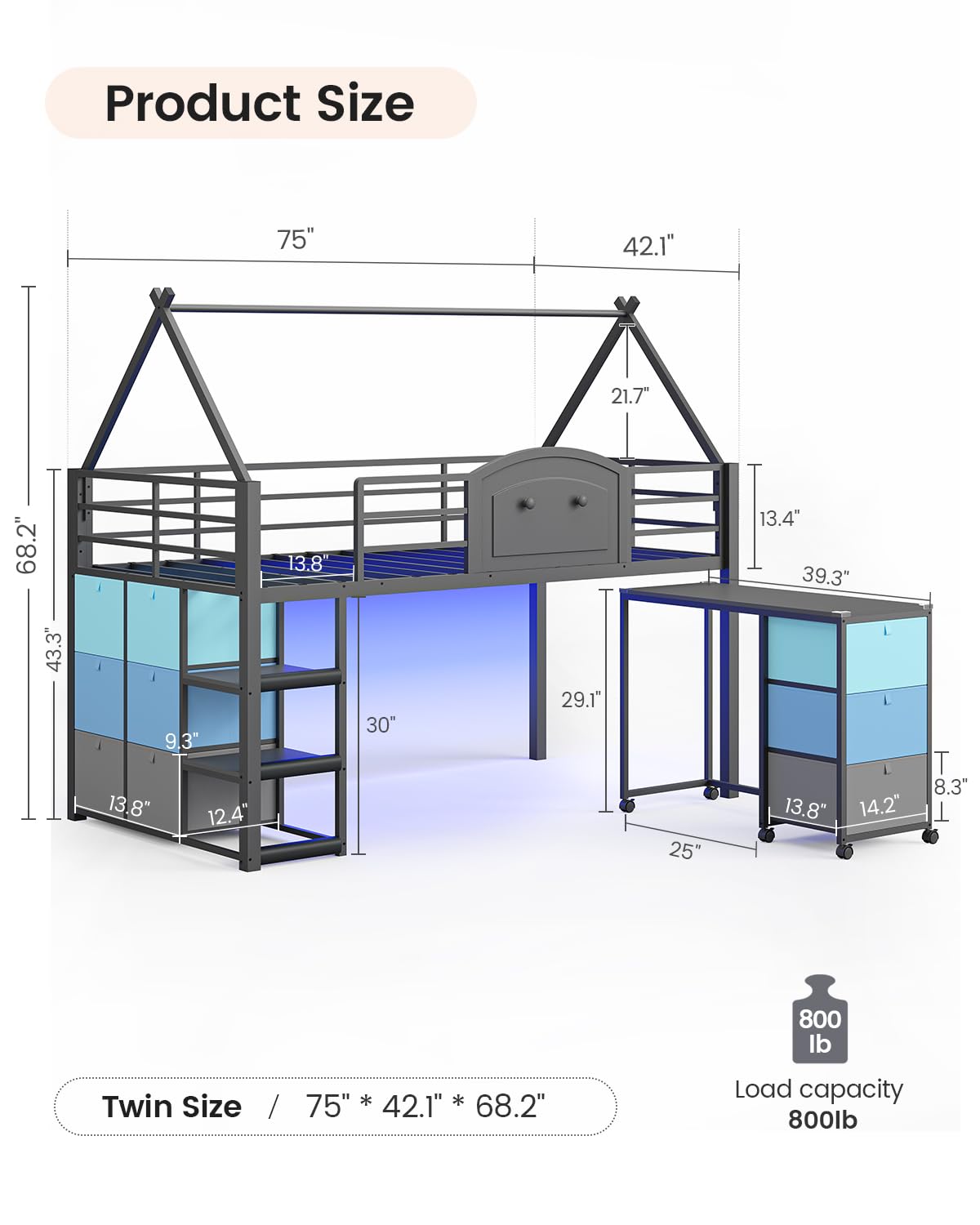 Twin Metal Loft Bed with Desk and Storage T562480