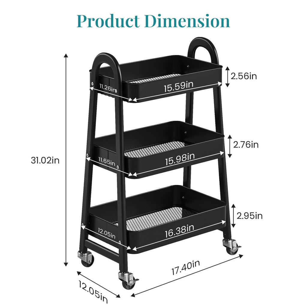 3-Tier Metal Rolling Utility Cart with Lockable Wheels P280