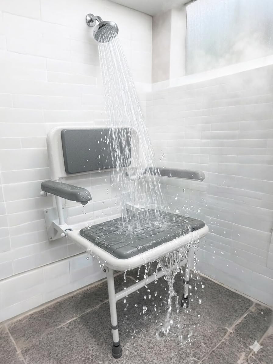 Wall Mounted Foldable Shower Seat with Folding Padded Arms, Back & Seat, Adjustable Height K6225