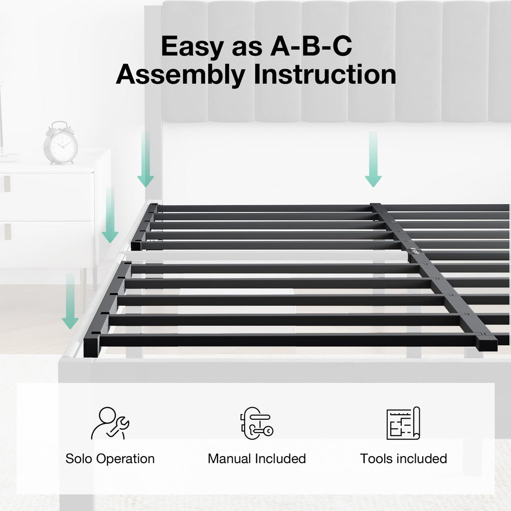 Full Size Metal Platform Bed Frame with Velvet Black Headboard and Footboard M3498