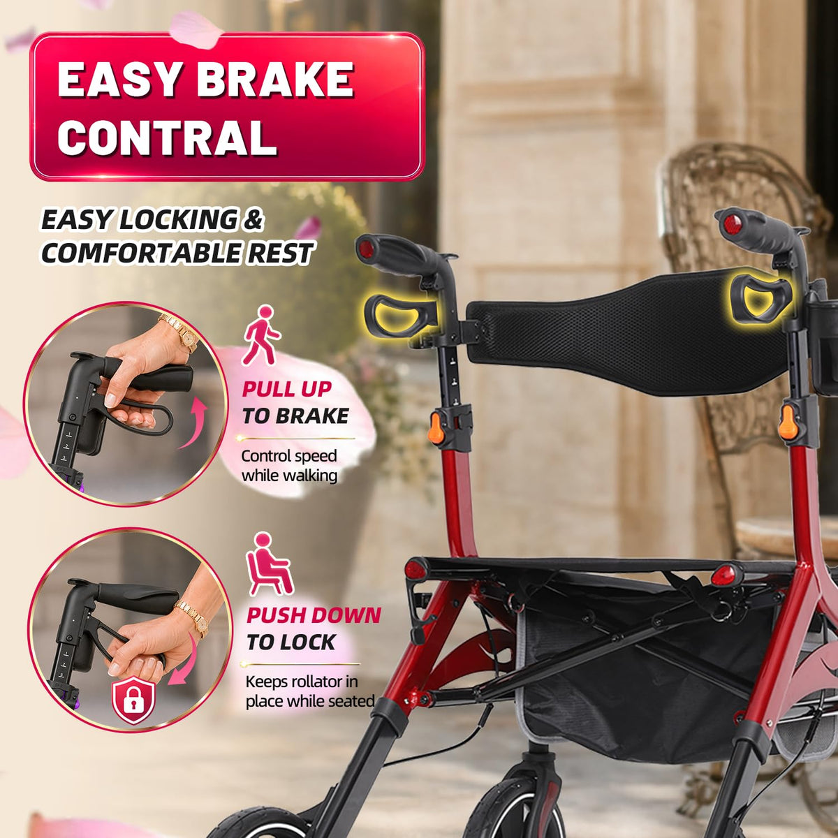 Foldable Red Rollator Walker with Seat J27090