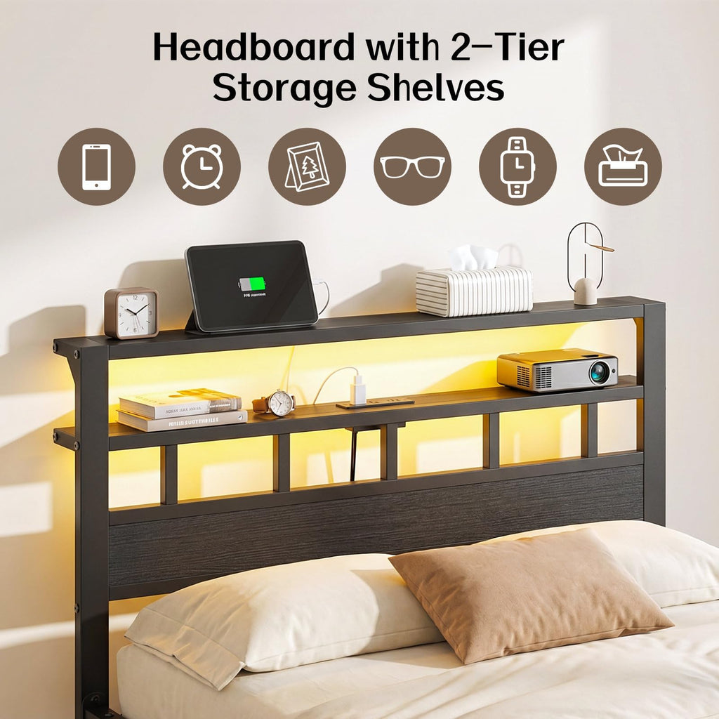Full Size Bed Frame with Charging Station and LED G150594