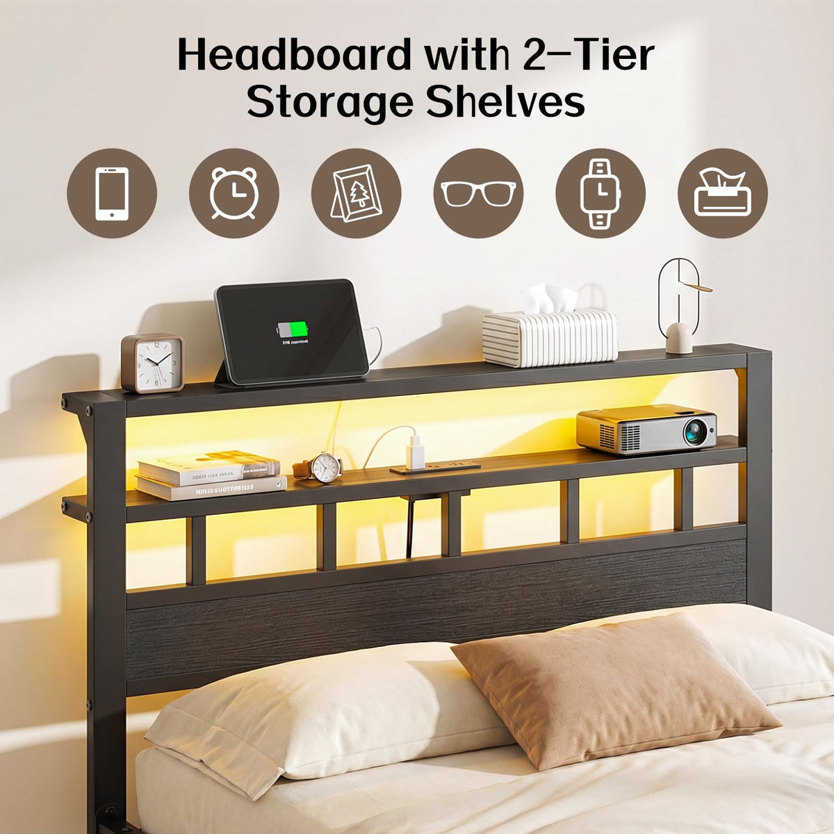 Full Size Bed Frame with Charging Station and LED G150594
