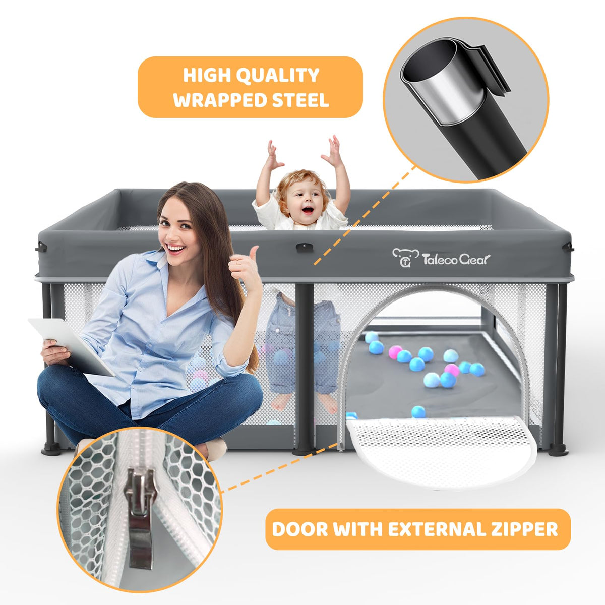 Foldable Baby Play Pen with Mat and Gate G1406