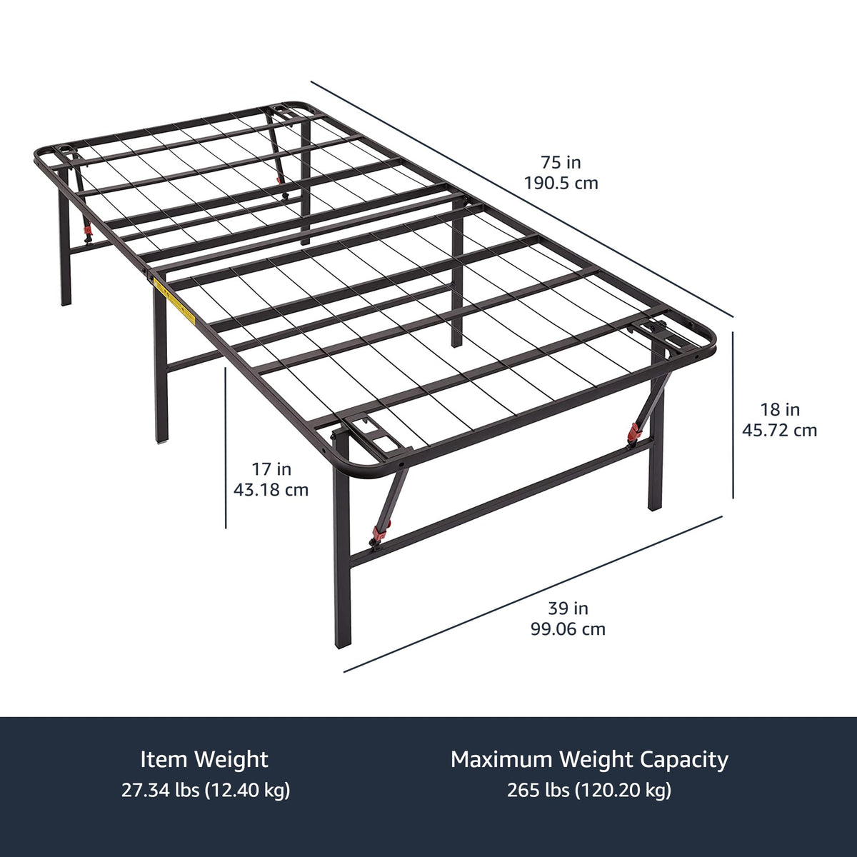 Foldable Metal Platform Bed Frame, 18 Inches High, Twin Size, Black J3851