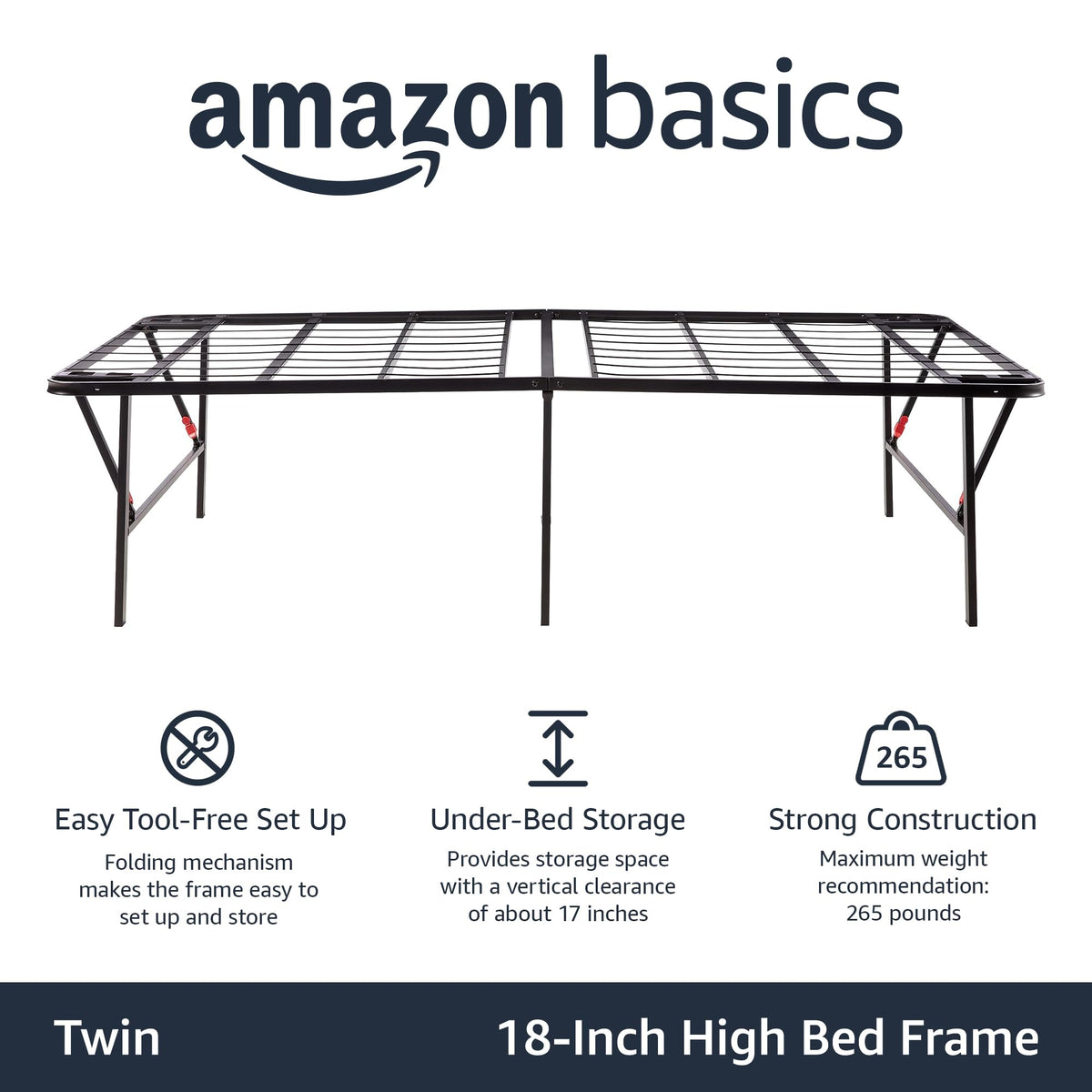 Foldable Metal Platform Bed Frame, 18 Inches High, Twin Size, Black J3851