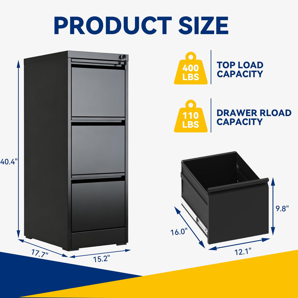 3 Drawer Black Metal File Cabinet with Lock D584