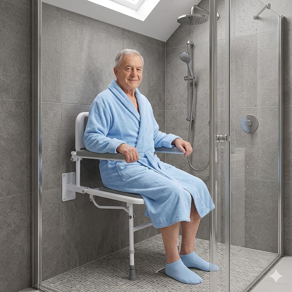 Wall Mounted Foldable Shower Seat with Folding Padded Arms, Back & Seat, Adjustable Height K6225