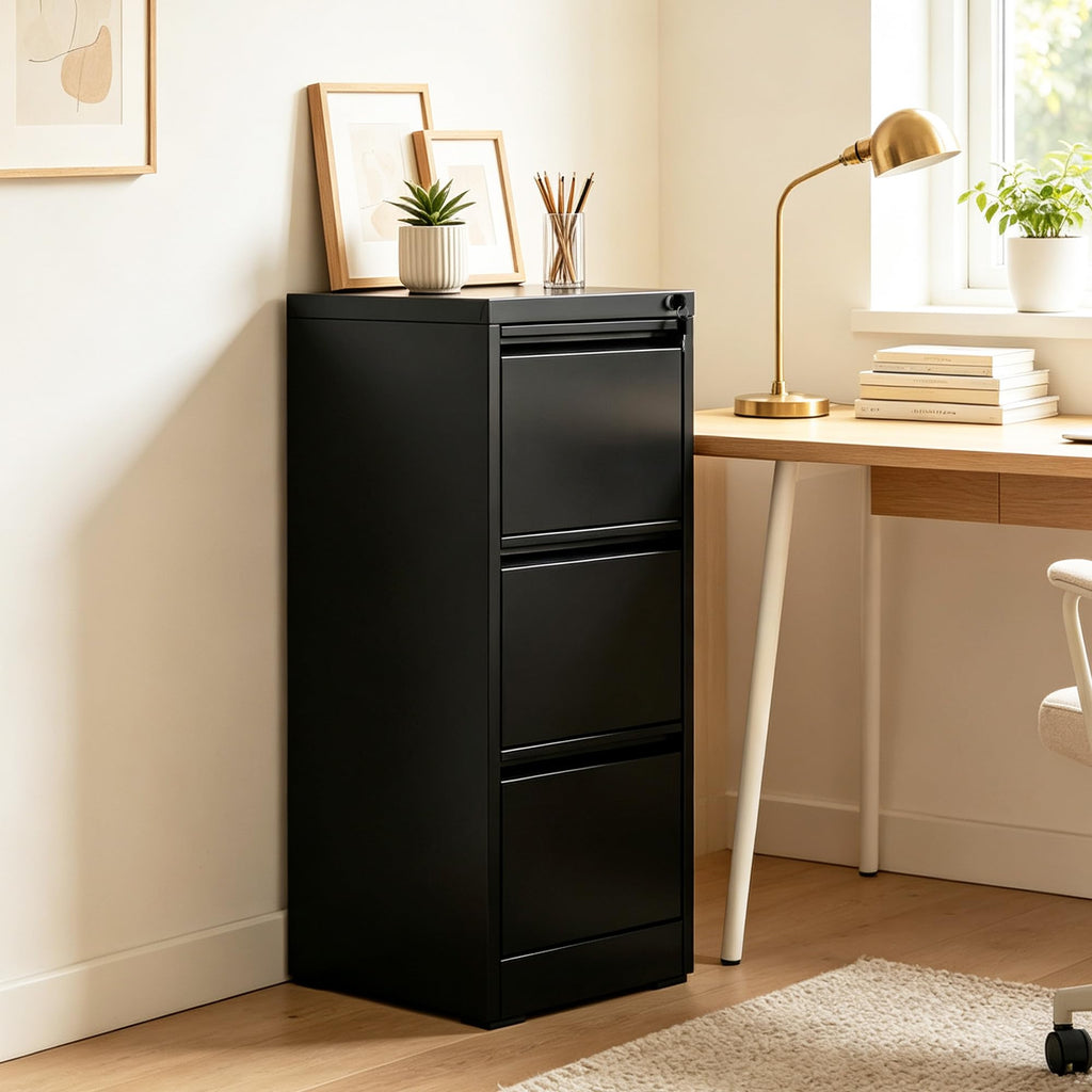 3 Drawer Black Metal File Cabinet with Lock D584