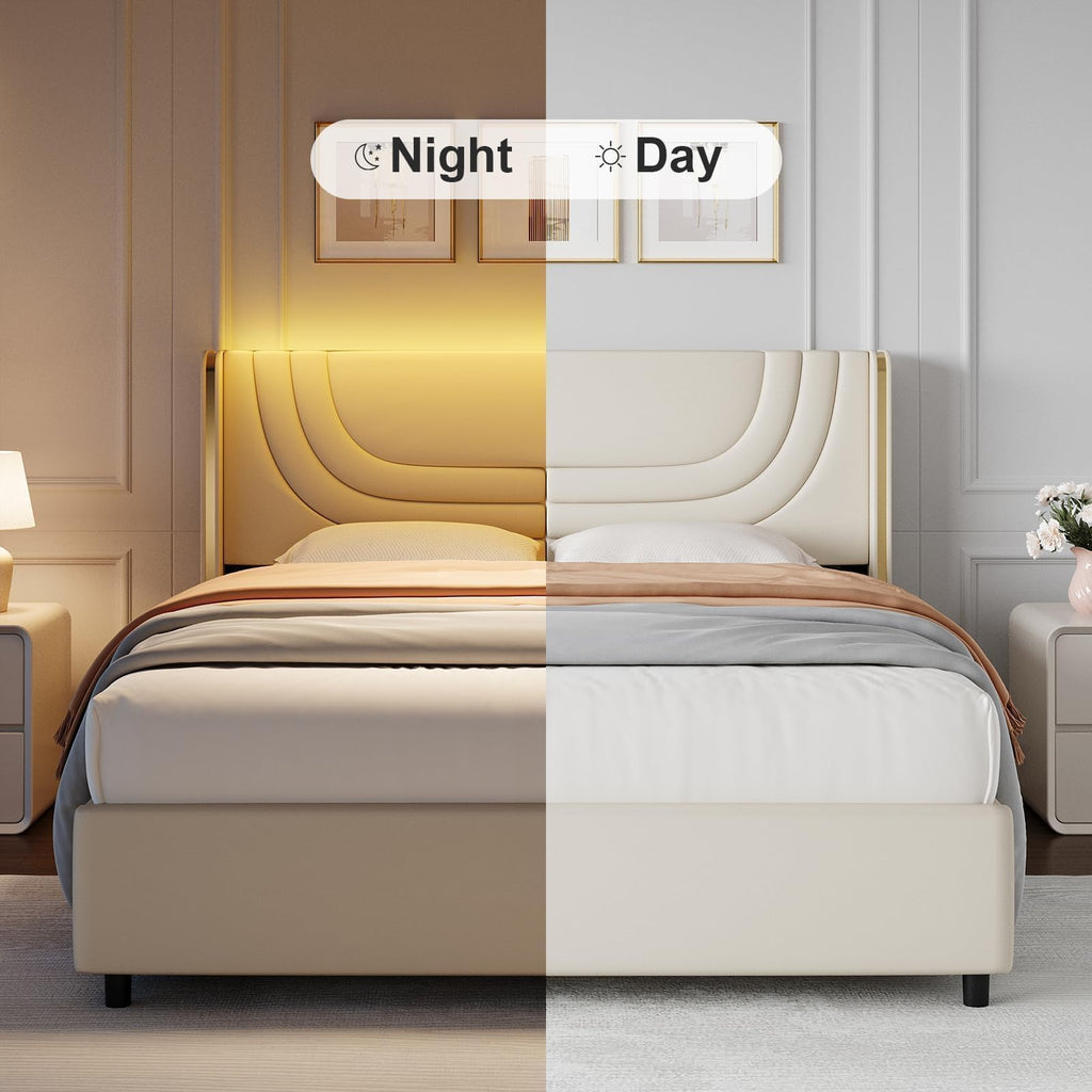 Full Size Bed Frame with LED Lights and Wingback Headboard K8530