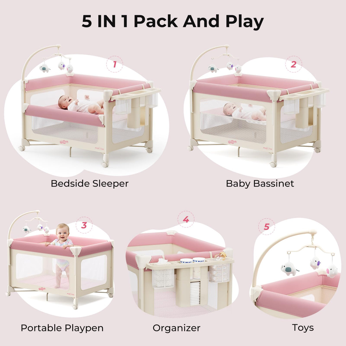 5 in 1 Pack and Play Bedside Crib Playard with Mattress D6312