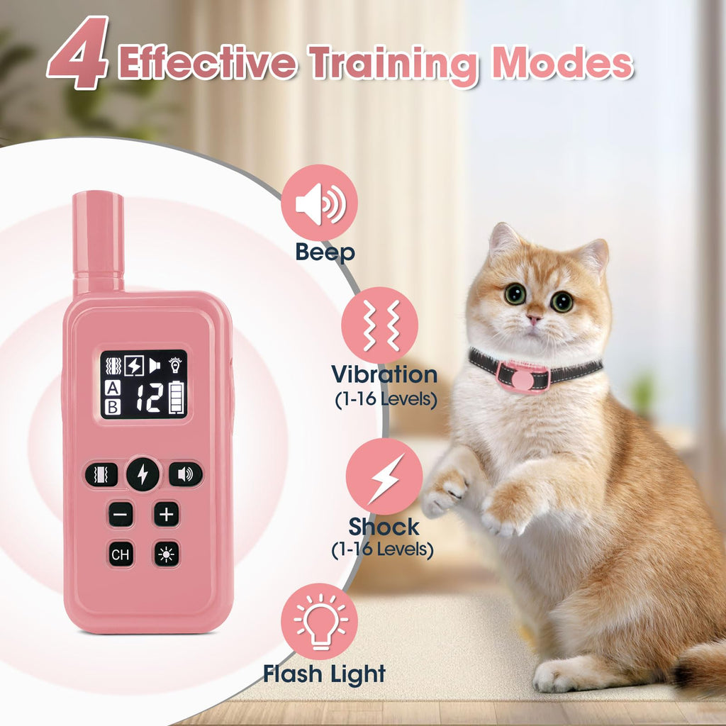 Cat Training Collar with Remote Shock Vibration Beep 3 Modes Waterproof Rechargeable Pink B329