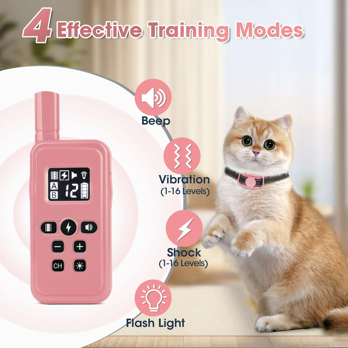 Cat Training Collar with Remote Shock Vibration Beep 3 Modes Waterproof Rechargeable Pink B329