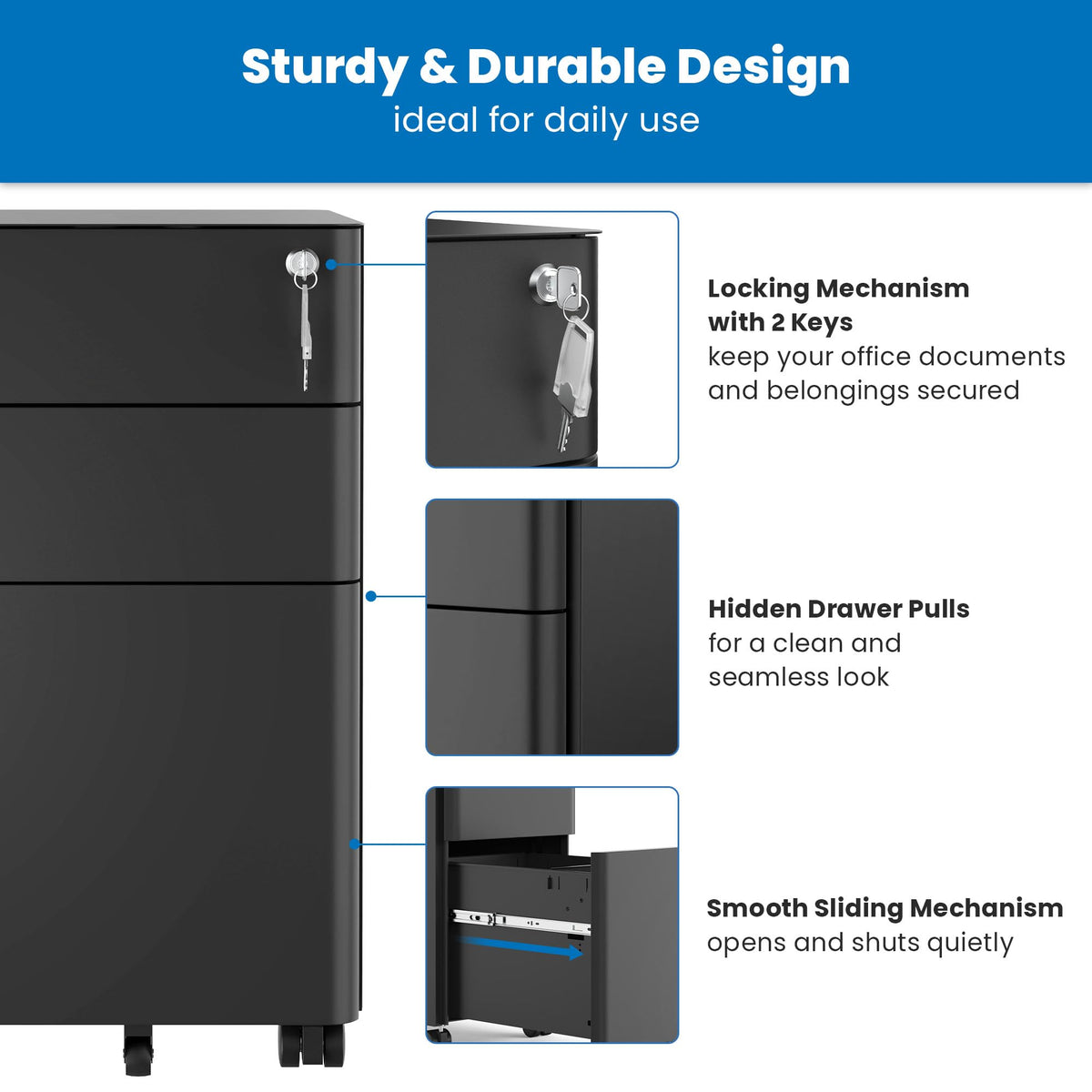 Black 3 Drawer Rolling File Cabinet with Lock Z7245