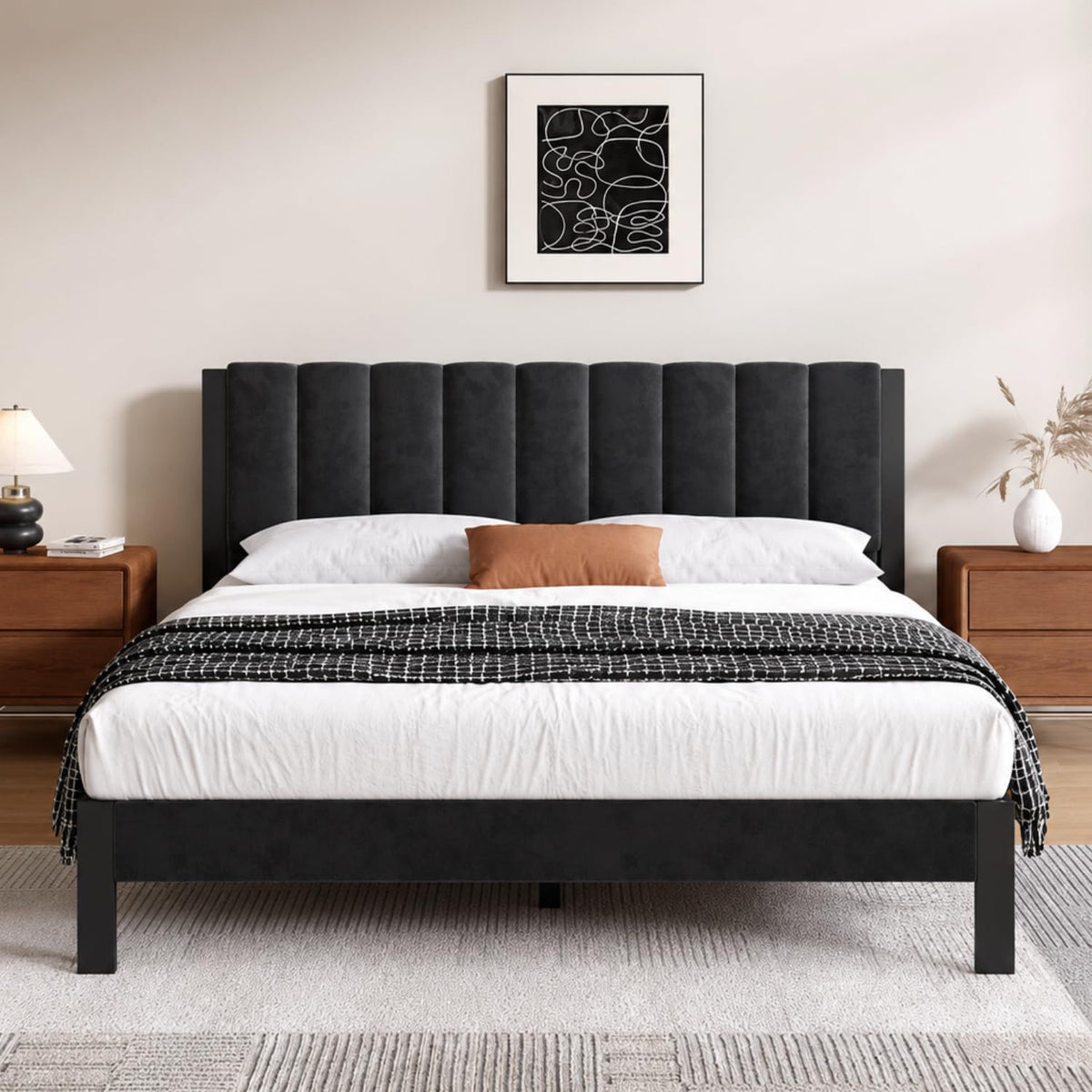 Full Size Metal Platform Bed Frame with Velvet Black Headboard and Footboard M3498