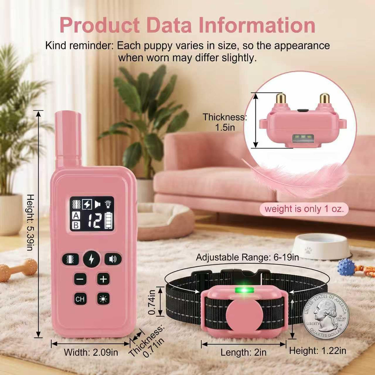 Cat Training Collar with Remote Shock Vibration Beep 3 Modes Waterproof Rechargeable Pink B329