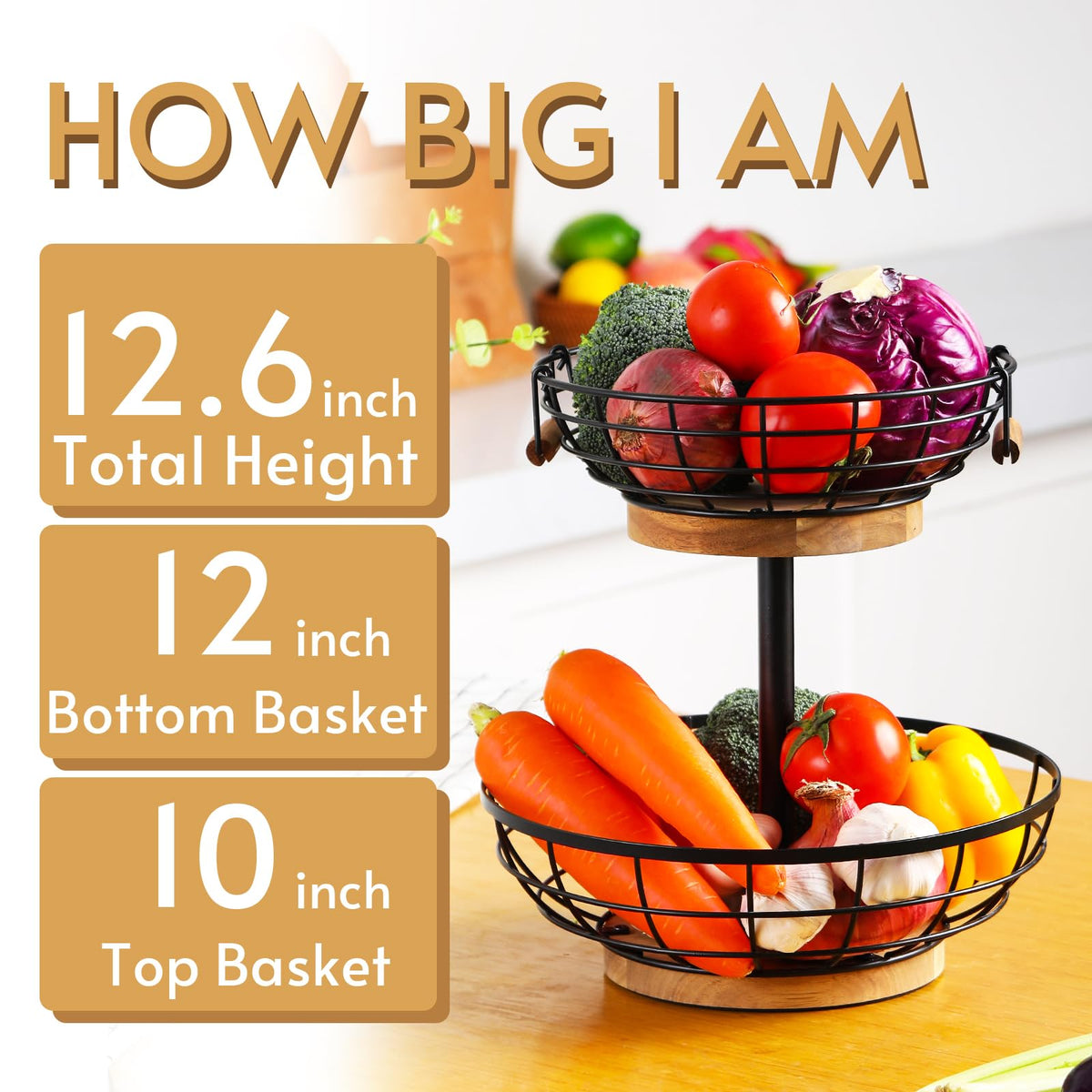 2-tier Metal Fruit Basket Bowl with Wooden Base G20685