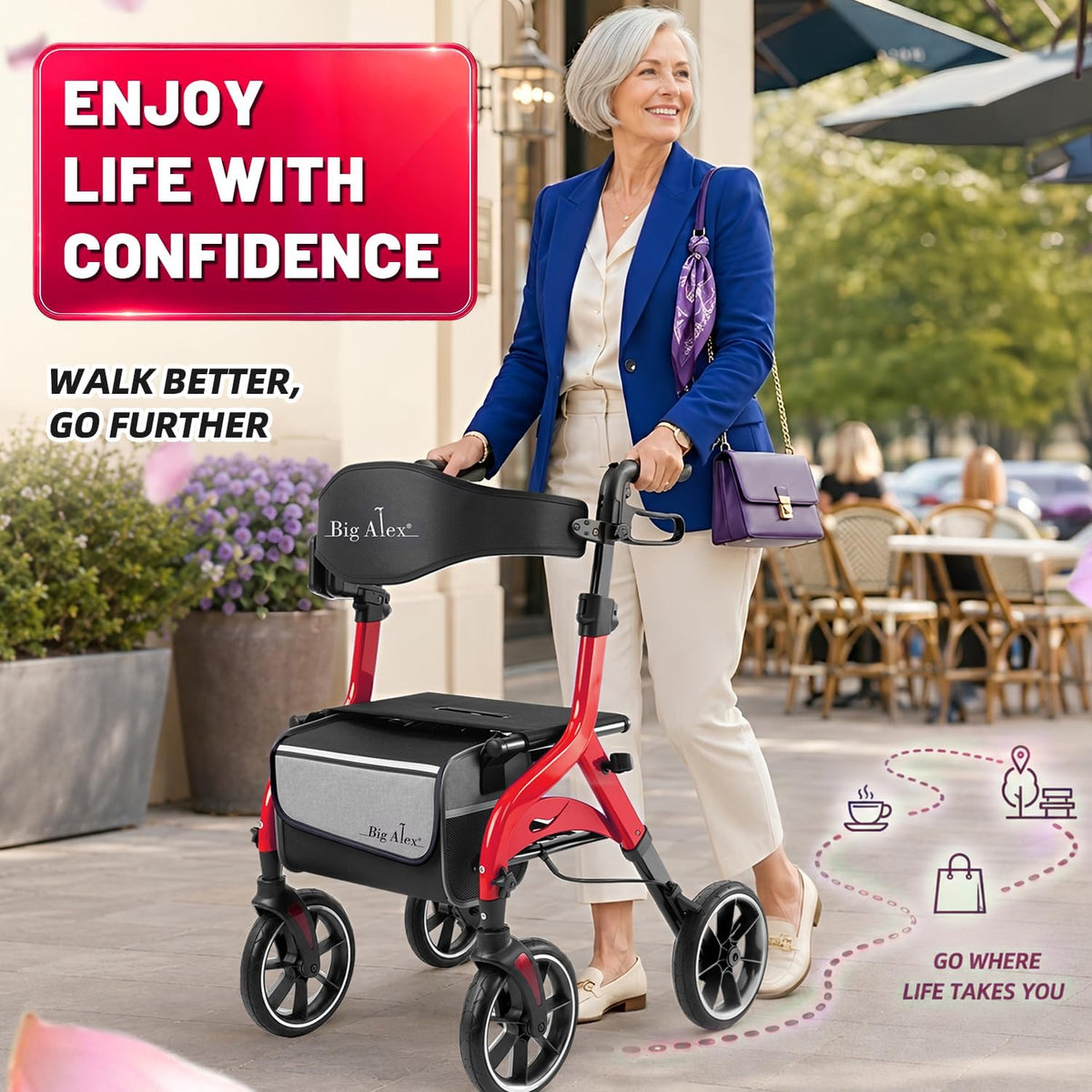 Foldable Red Rollator Walker with Seat J27090