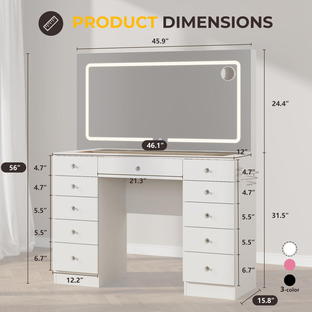 46" White Makeup Vanity Desk with Mirror and Lights S707428