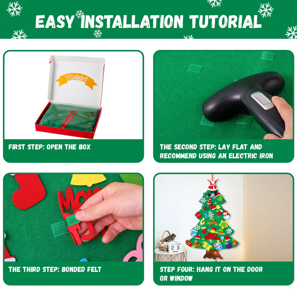 Felt Christmas Tree for Toddlers, 3.2ft Wall Hanging DIY Xmas Decorations with String Light T450810