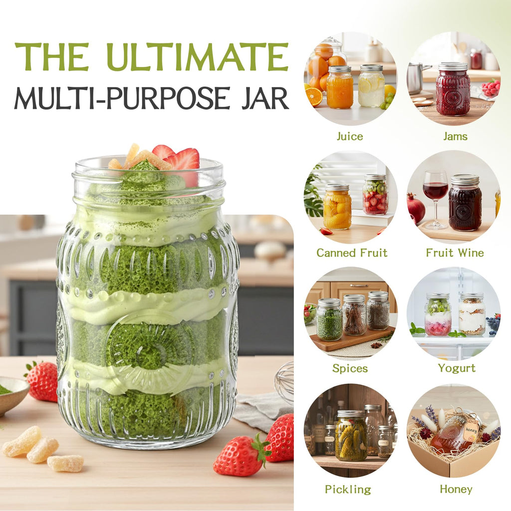 16 oz Embossed Glass Mason Jars 15Pack with Airtight Lids A5272