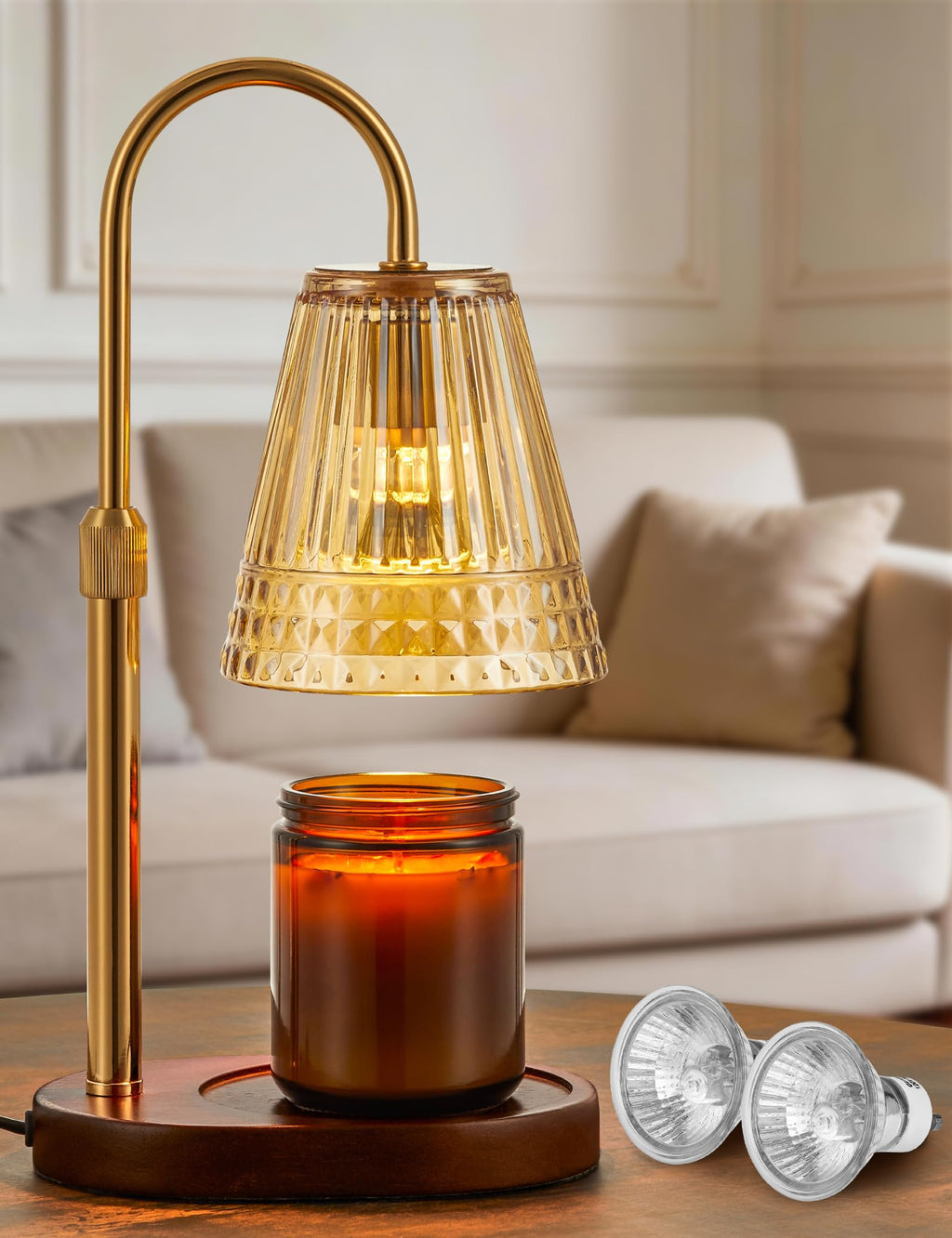 Candle Warmer Lamp with Dimmer & Timer, Adjustable Height, Amber-gold I677