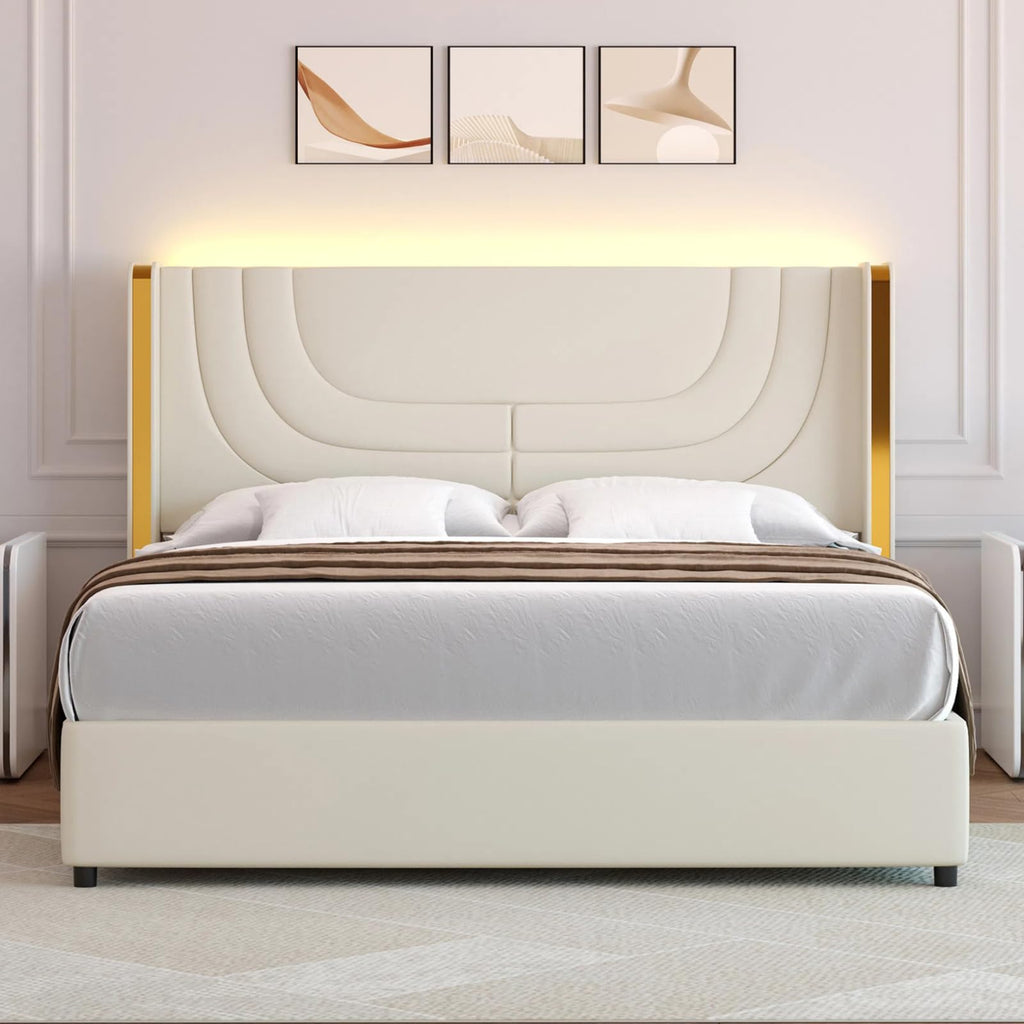 Full Size Bed Frame with LED Lights and Wingback Headboard K8530