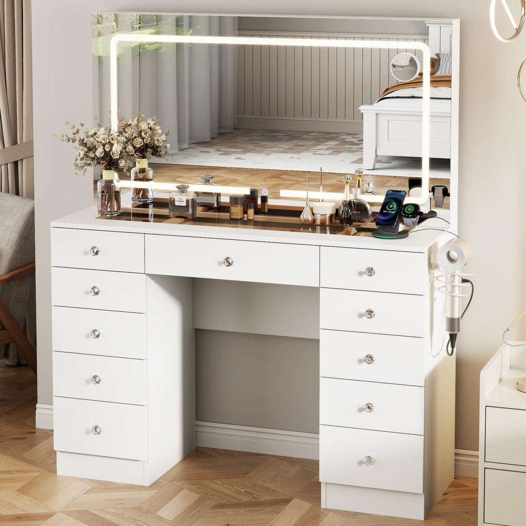 46" White Makeup Vanity Desk with Mirror and Lights S707428