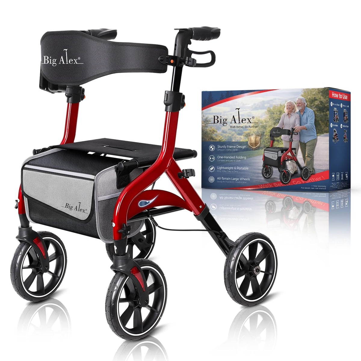 Foldable Red Rollator Walker with Seat J27090