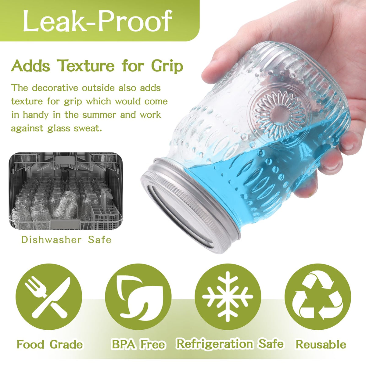 16 oz Embossed Glass Mason Jars 15Pack with Airtight Lids A5272
