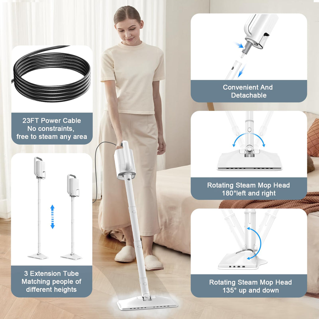 1200W Rotatable Steam Mop with 2 Modes, 400ML Tank, 23FT Cord N4468