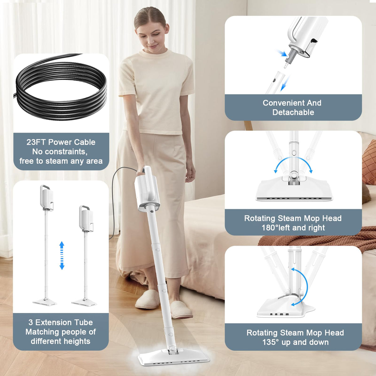 1200W Rotatable Steam Mop with 2 Modes, 400ML Tank, 23FT Cord N4468
