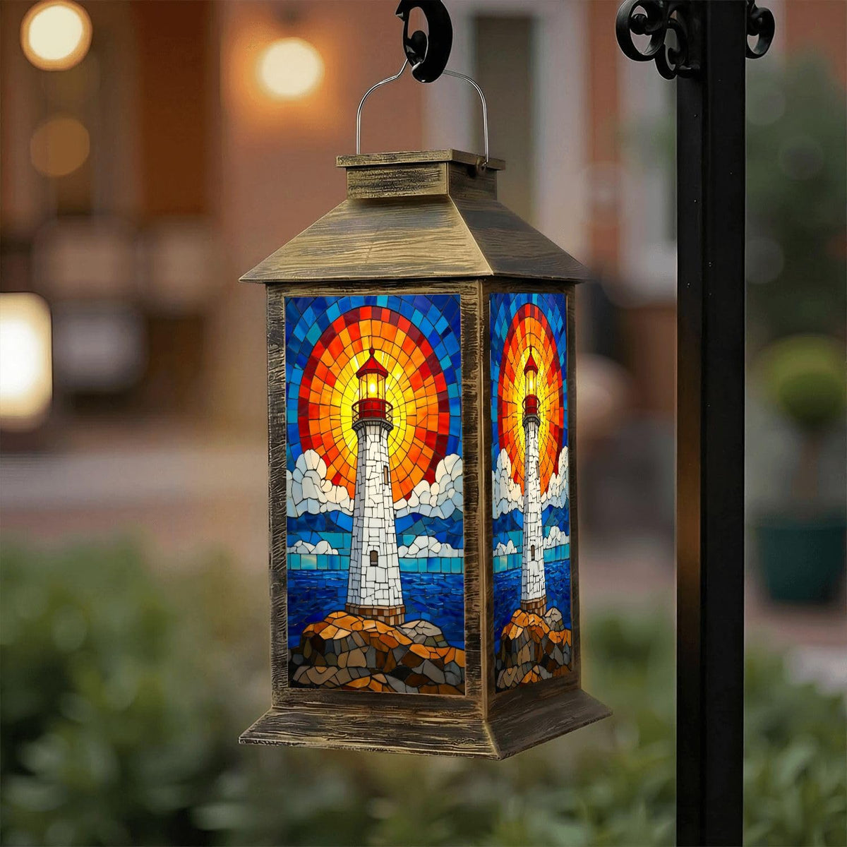 Solar Lantern Outdoor Waterproof Stained Glass LED Hanging Solar Lights E3135