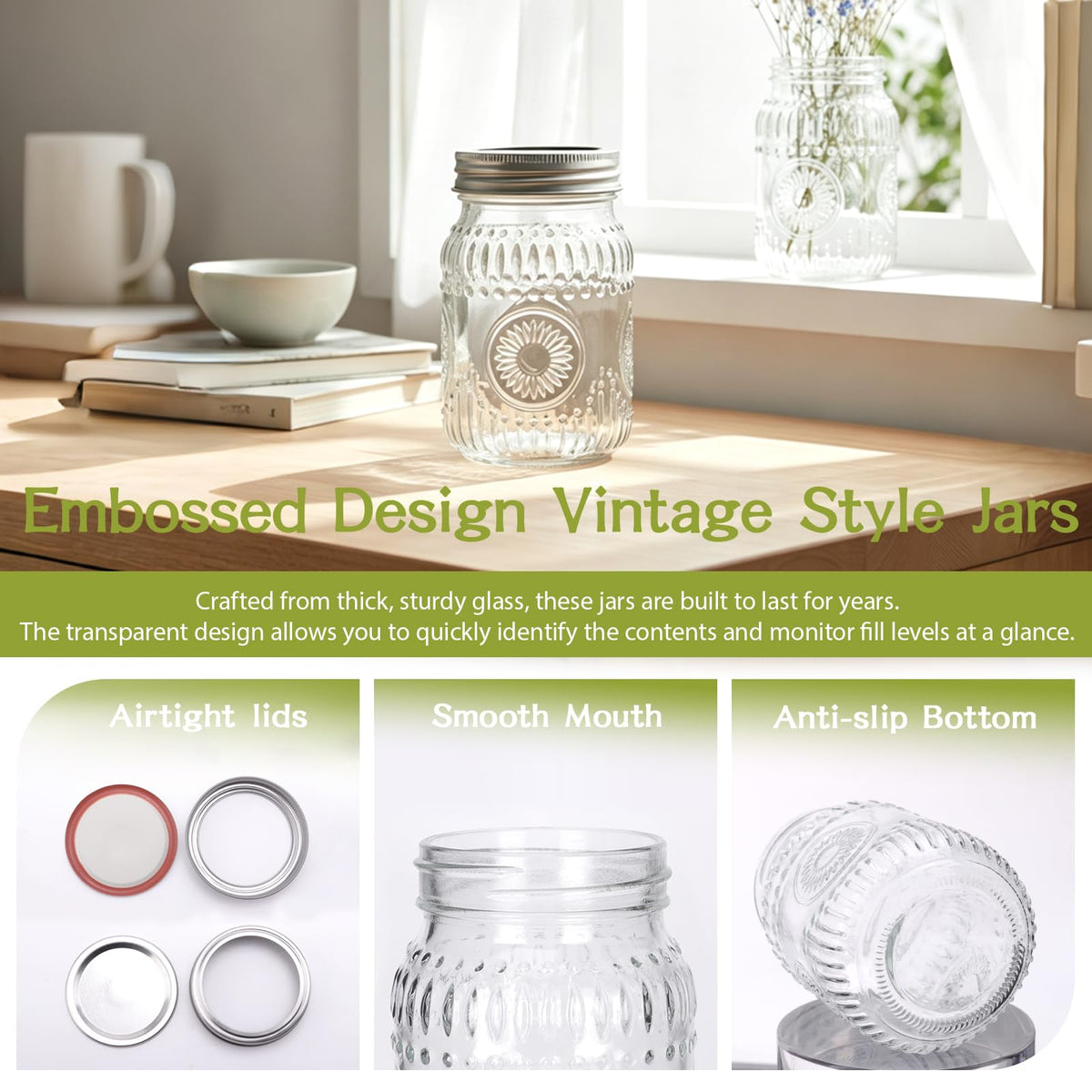 16 oz Embossed Glass Mason Jars 15Pack with Airtight Lids A5272