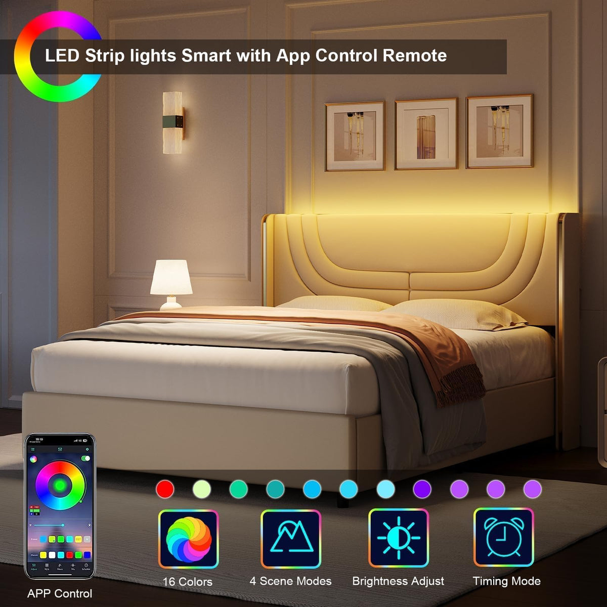 Full Size Bed Frame with LED Lights and Wingback Headboard K8530