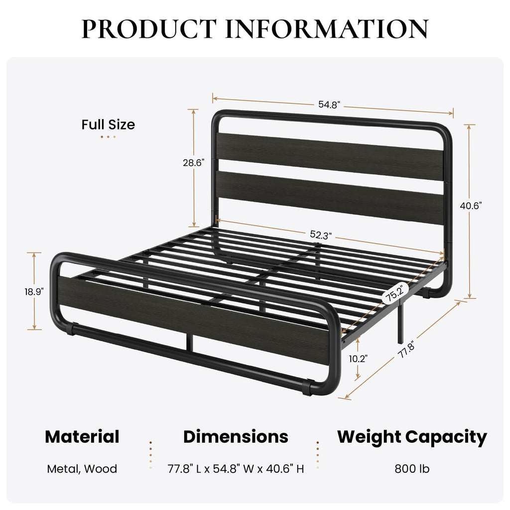 Full Size Metal Bed Frame with Wooden Headboard D71197