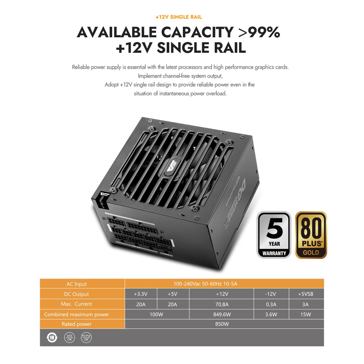750W 80 Plus Gold ATX 3.1 PCIe 5.1 PC Power Supply, Black Y858939