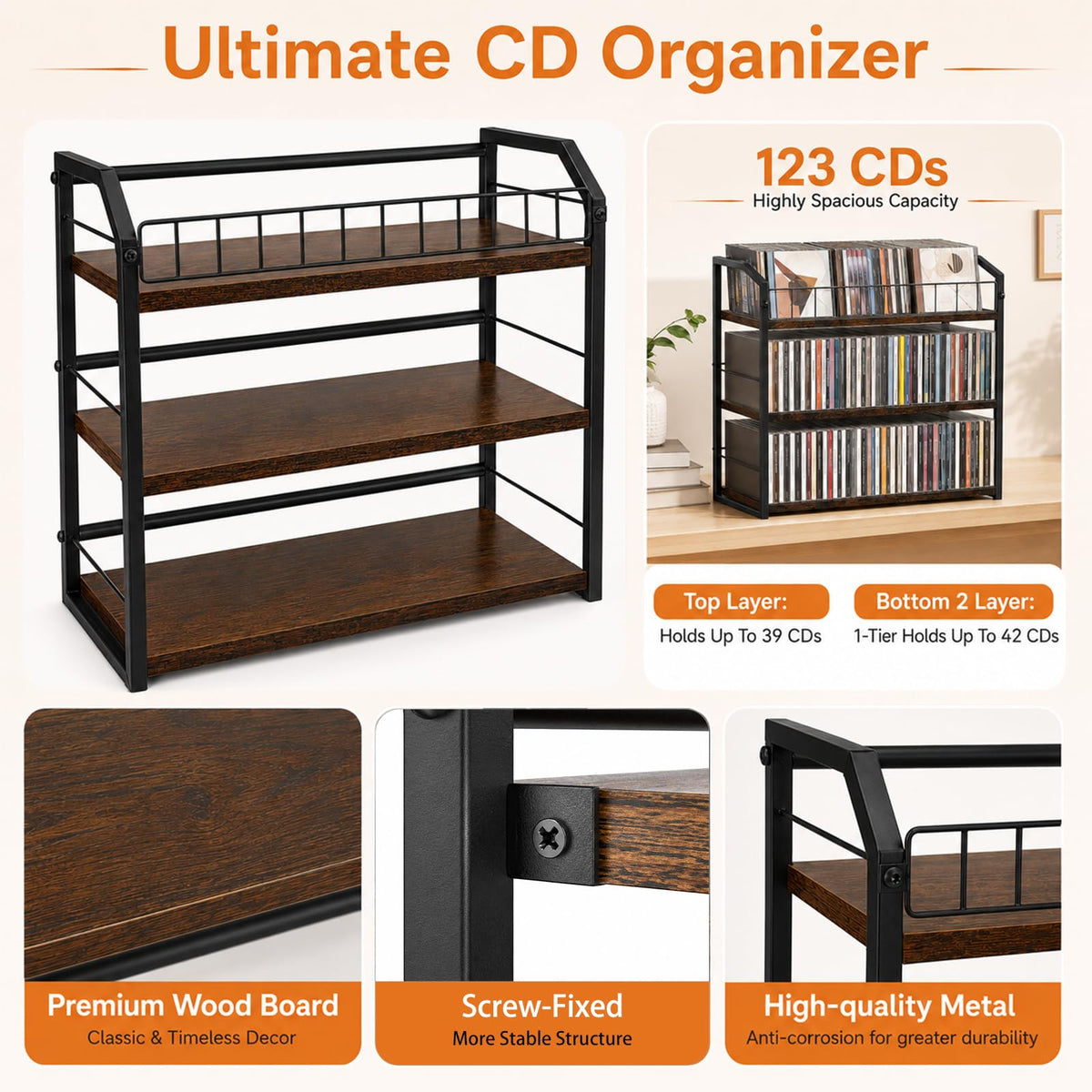 3-Tier Metal and Wood CD Storage Rack L7849