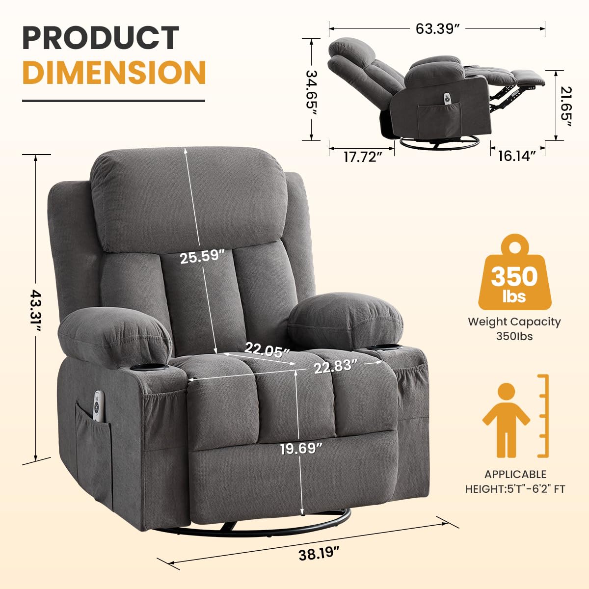 Swivel Rocker Recliner Chair with Vibration Massage & Lumbar Heating Y839833