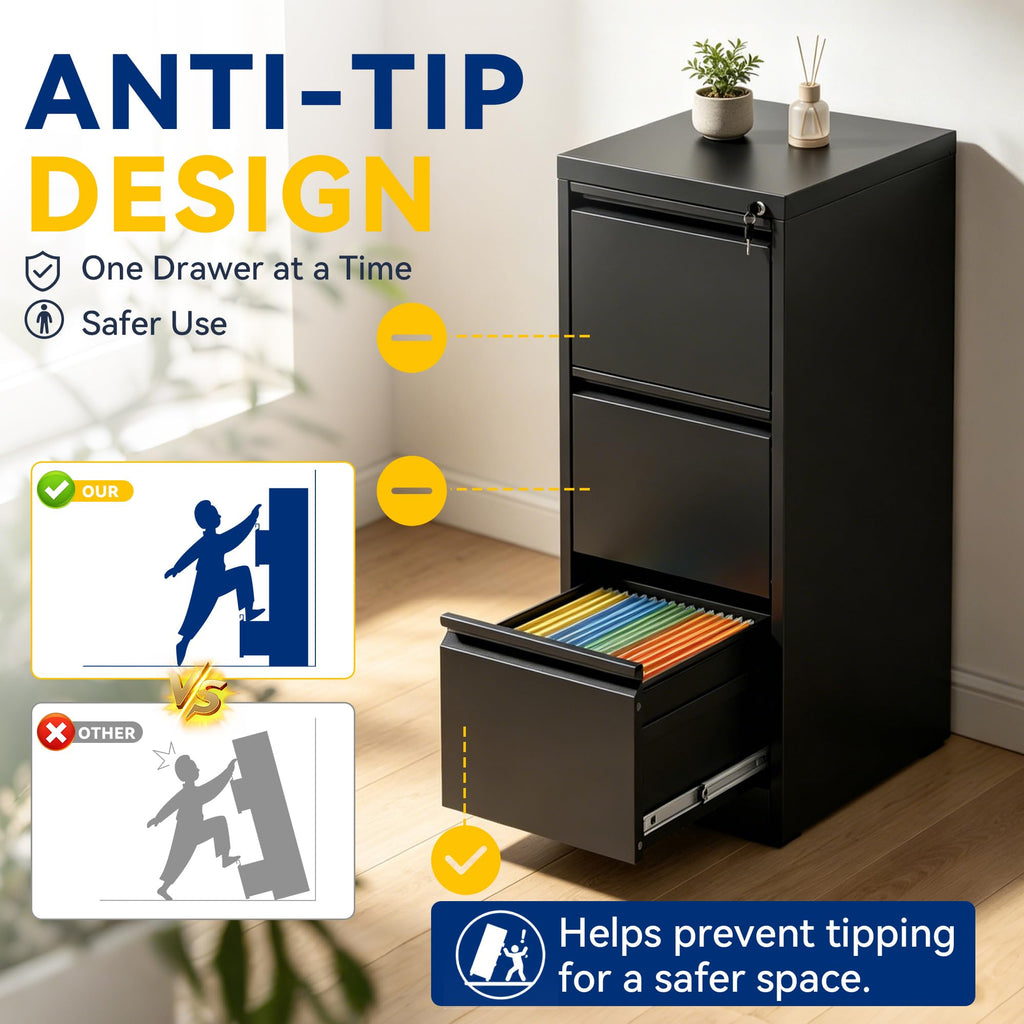 3 Drawer Black Metal File Cabinet with Lock D584