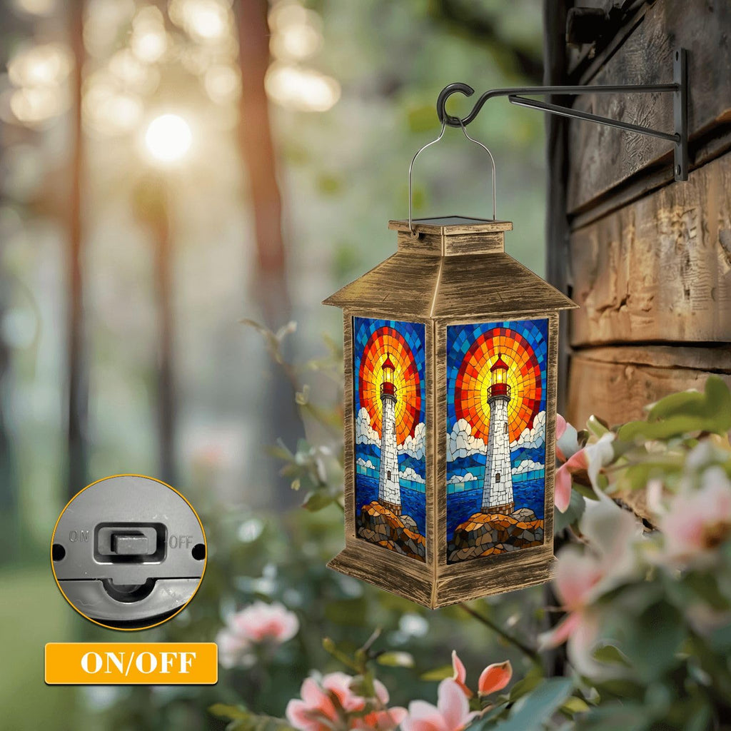 Solar Lantern Outdoor Waterproof Stained Glass LED Hanging Solar Lights E3135