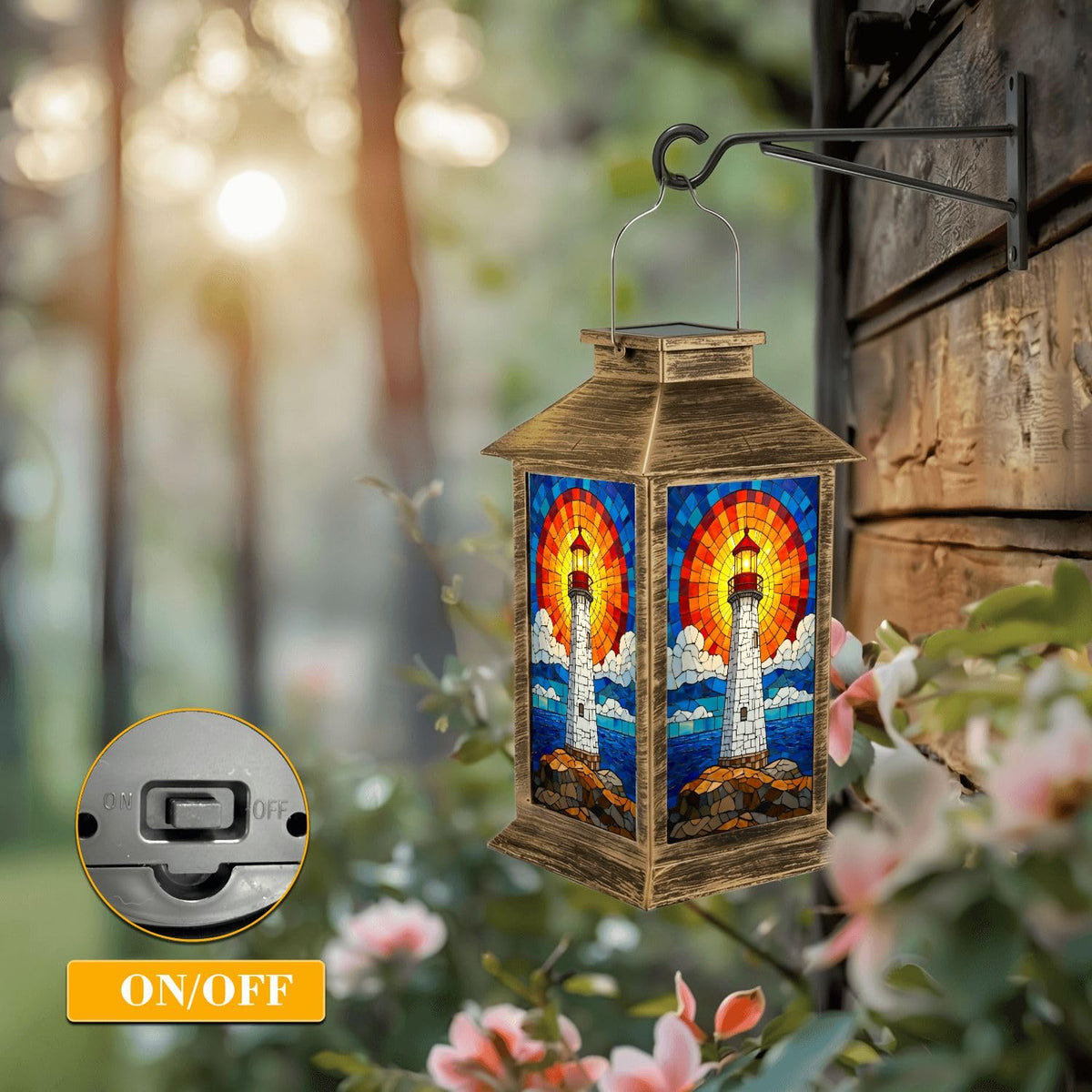 Solar Lantern Outdoor Waterproof Stained Glass LED Hanging Solar Lights E3135