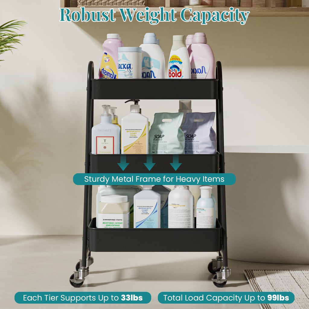 3-Tier Metal Rolling Utility Cart with Lockable Wheels P280