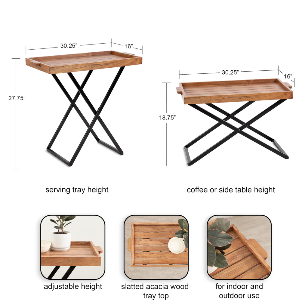 Natural Brown and Black Wood Tray Table with Removable Serving Tray Top U441