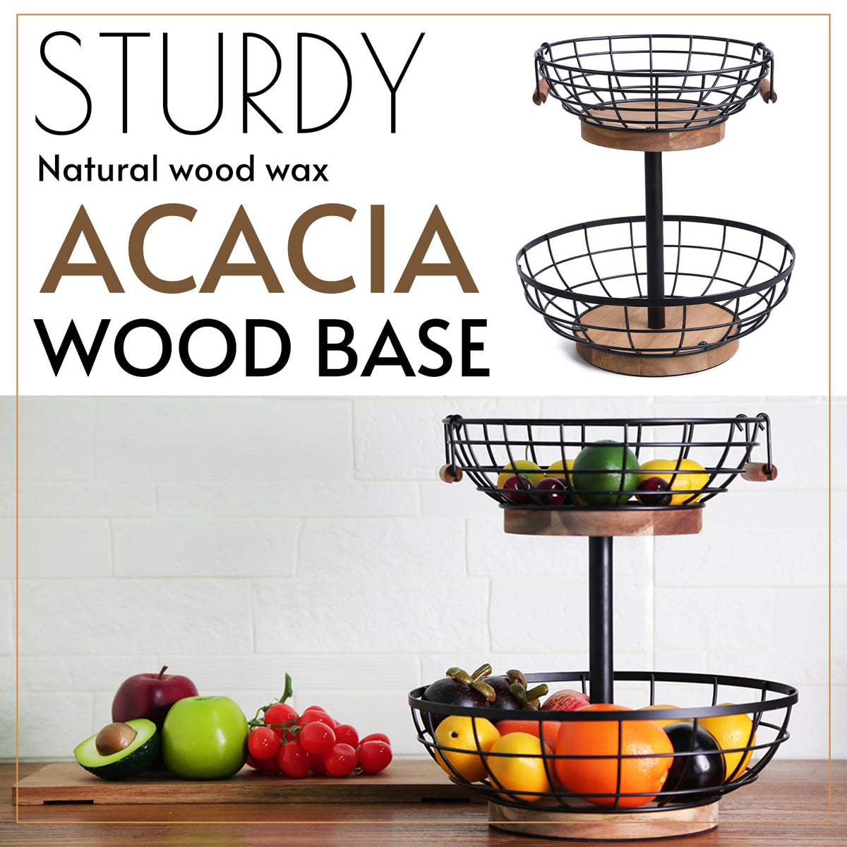 2-tier Metal Fruit Basket Bowl with Wooden Base G20685