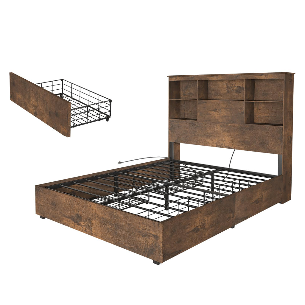 Queen Platform Bed with LED Bookcase Headboard V36959