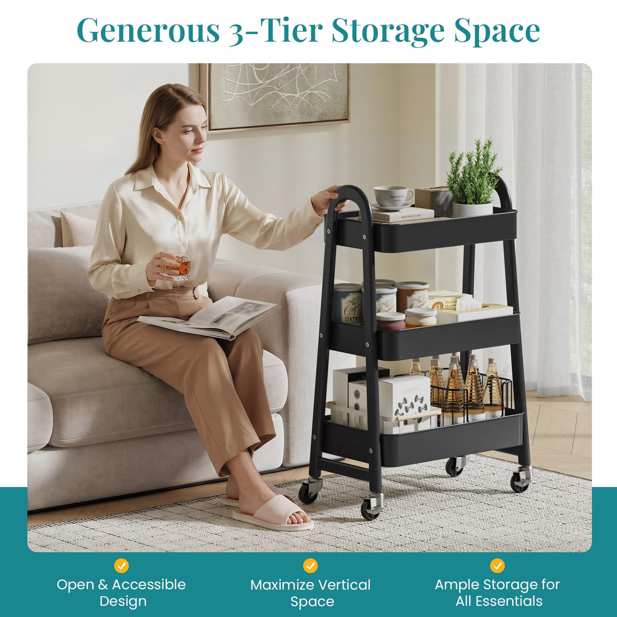 3-Tier Metal Rolling Utility Cart with Lockable Wheels P280