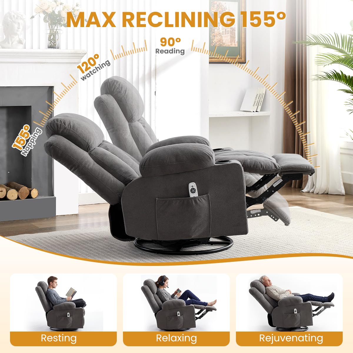 Swivel Rocker Recliner Chair with Vibration Massage & Lumbar Heating Y839833
